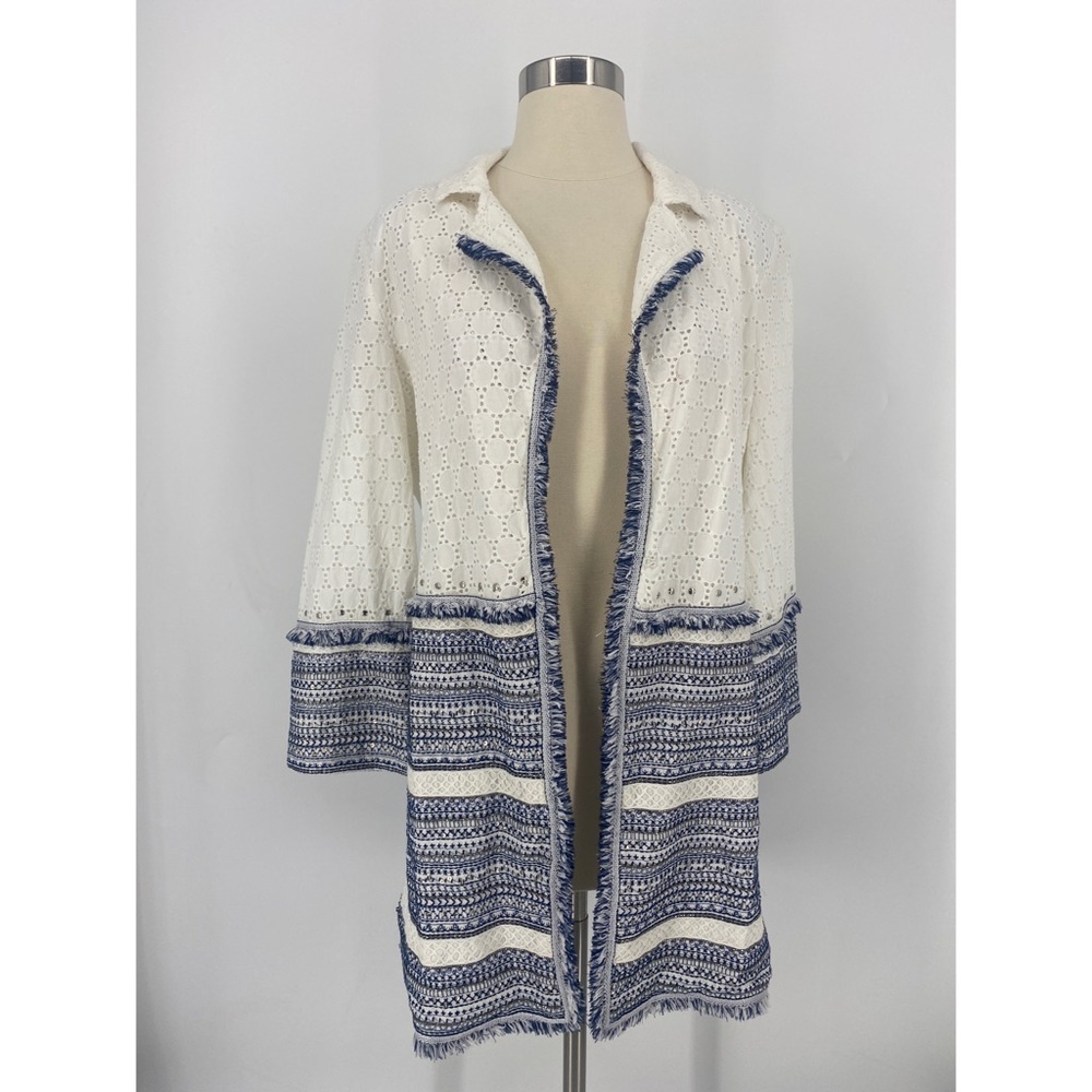 Chico’s Cotton Eyelet Topper Embellished Trim 3/4 Sleeve Jacket